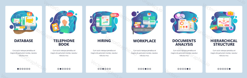 Mobile app onboarding screens. Business and finance document, database, phone book, office workplace. Menu vector banner template for website and mobile development. Web site design flat illustration