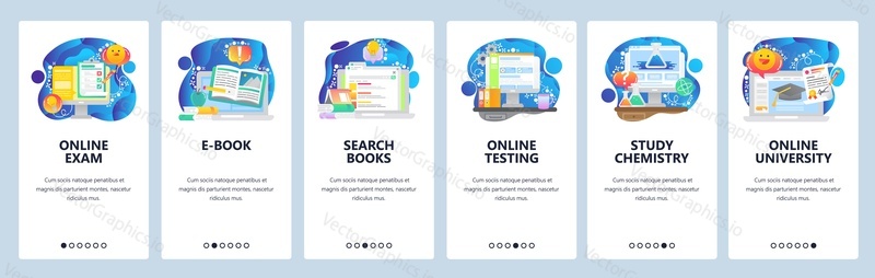 Mobile app onboarding screens. Online education, digital library, search books, study science, chemistry. Menu vector banner template for website and mobile development. Web site design flat illustration.