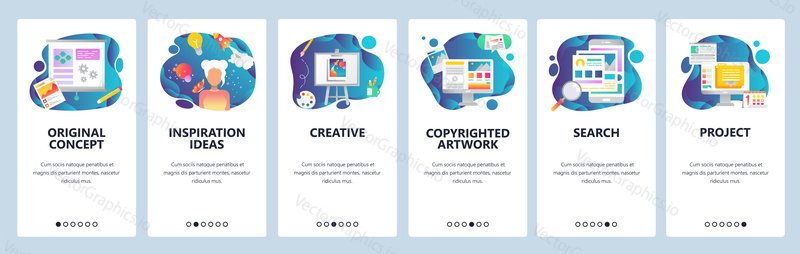 Mobile app onboarding screens. Creativity, art and inspiration ideas. Menu vector banner template for website and mobile development. Web site design flat illustration.