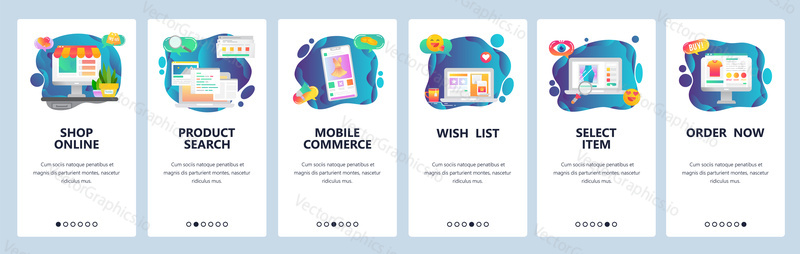Mobile app onboarding screens. Online shopping, internet store, mobile ecommerce. Menu vector banner template for website and mobile development. Web site design flat illustration.