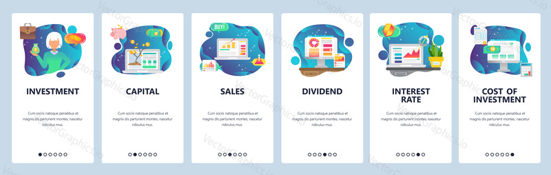 Mobile app onboarding screens. Finance business icons, money investment, sales and capital, interest rate. Menu vector banner template for website and mobile development. Web site design flat illustration.