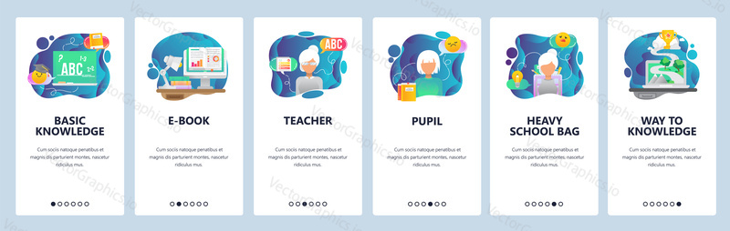 Mobile app onboarding screens. School teacher and pupils, knowledge and education. Menu vector banner template for website and mobile development. Web site design flat illustration.