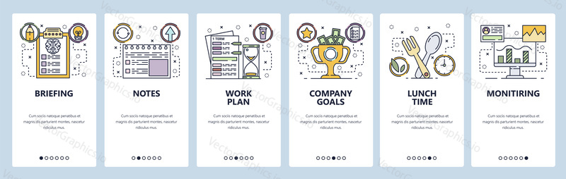 Mobile app onboarding screens. Business plan, office notes, lunch time. Menu vector banner template for website and mobile development. Web site design flat illustration.