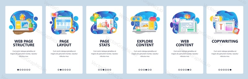 Mobile app onboarding screens. Business chart, content marketing and web development. Menu vector banner template for website and mobile development. Site design flat illustration.