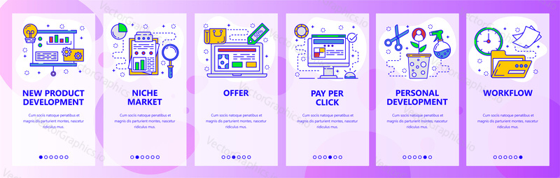 Mobile app onboarding screens. New product development, marketing research, business workflow. Menu vector banner template for website and mobile development. Web site design flat illustration.