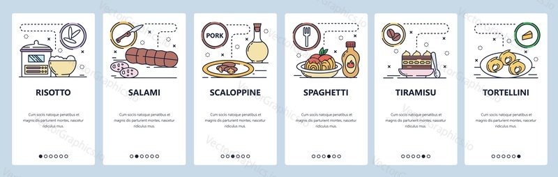 Mobile app onboarding screens. Italian cuisine, food, risotto, salami, pasta, tortellini. Menu vector banner template for website and mobile development. Web site design flat illustration.
