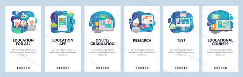 Mobile app onboarding screens. Online education, graduation and courses. Menu vector banner template for website and mobile development. Web site design flat illustration.