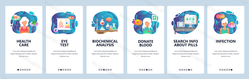 Mobile app onboarding screens. Healthcare, sickness, lab and blood test results, infection. Menu vector banner template for website and mobile development. Web site design flat illustration.