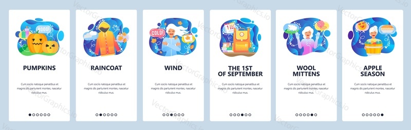 Mobile app onboarding screens. Autumn season, raincoat, fall wind, halloween pumpkins, wool clothes, cold weather. Menu vector banner template for website and mobile development. Web site design flat illustration