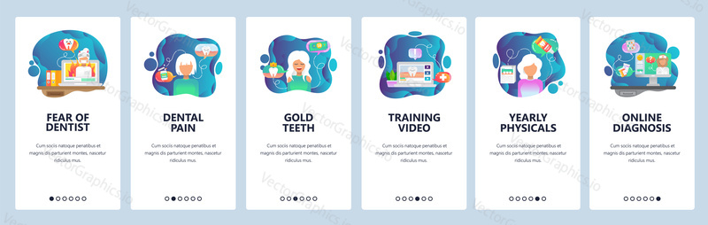 Mobile app onboarding screens. Dental care and teeth treatment, fear, dentist doctor, clinic. Menu vector banner template for website and mobile development. Web site design flat illustration.