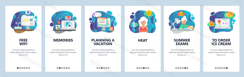 Mobile app onboarding screens. Summer vacation on a beach, office worker dreaming about vacation. Menu vector banner template for website and mobile development. Web site design flat illustration.