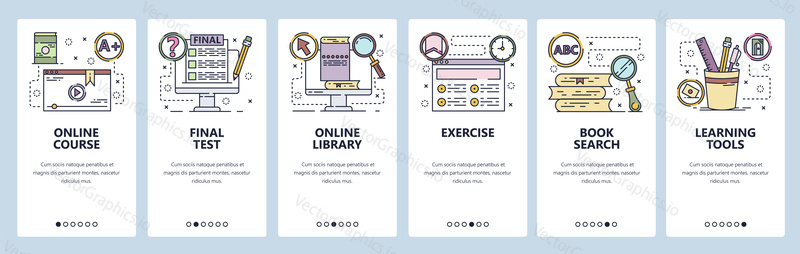 Mobile app onboarding screens. Online education, courses, school, book library.. Menu vector banner template for website and mobile development. Web site design flat illustration.