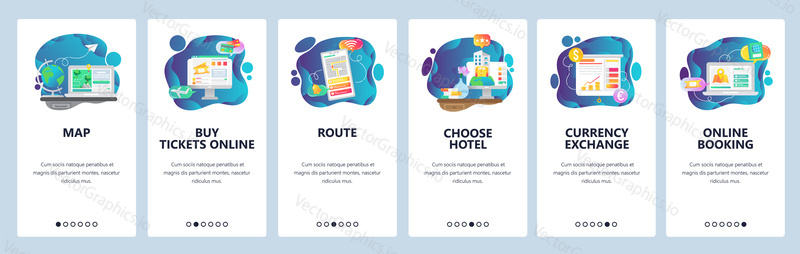 Mobile app onboarding screens. Travel services, planing vacation trip, online booking hotel and flight. Menu vector banner template for website and mobile development. Web site design flat illustration.