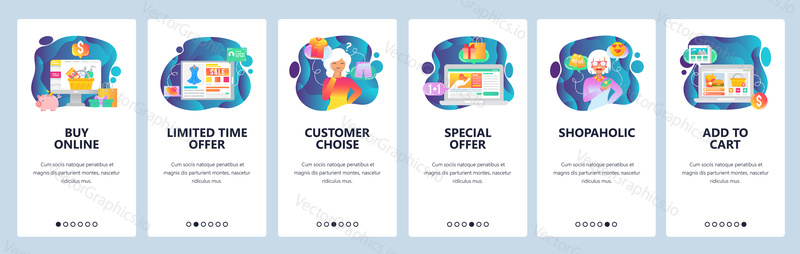 Mobile app onboarding screens. Online shopping, customer choise, special sale offer, shopaholic woman. Menu vector banner template for website and mobile development. Web site design flat illustration.