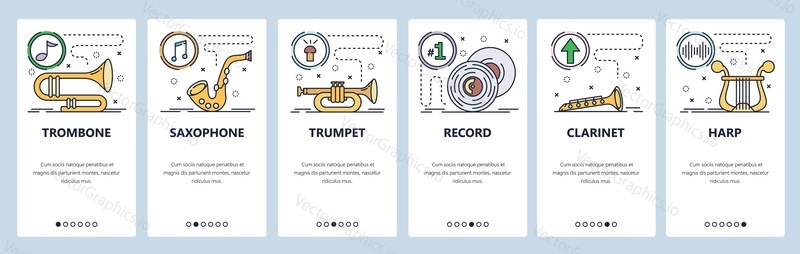 Mobile app onboarding screens. Musical instruments, trombone, saxophone, clarinet, harp, vinyl record. Menu vector banner template for website and mobile development. Web site design flat illustration.