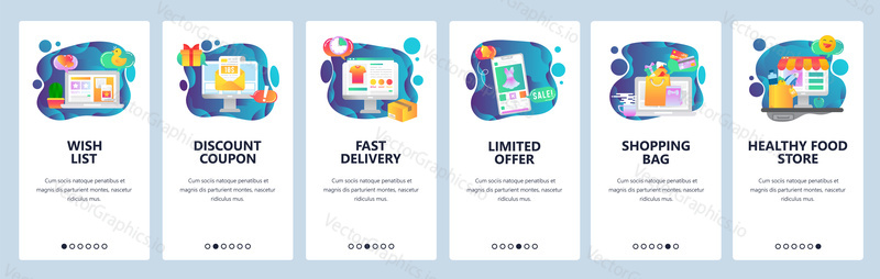 Mobile app onboarding screens. Online shopping, wish list, sales and promotion, grocery store. Menu vector banner template for website and mobile development. Web site design flat illustration