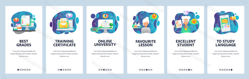 Mobile app onboarding screens. Online education and digital university, training courses and certificate. Menu vector banner template for website and mobile development. Web site design flat illustration.