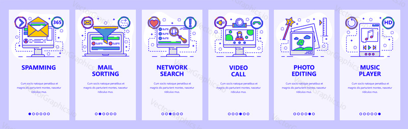 Mobile app onboarding screens. Spam, email, video call, photo editor, music player. Menu vector banner template for website and mobile development. Web site design flat illustration.