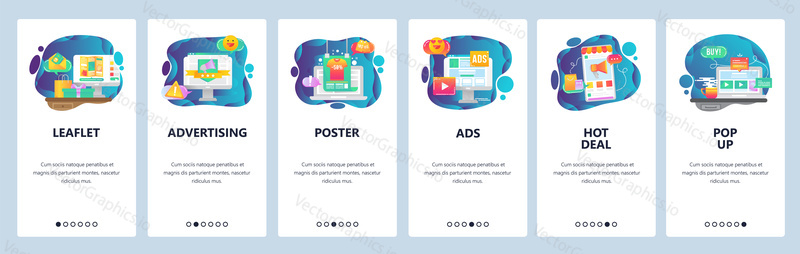 Mobile app onboarding screens. Online shopping, sale and promotion, hot deal and advertising. Menu vector banner template for website and mobile development. Web site design flat illustration
