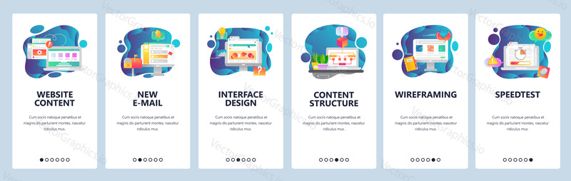 Mobile app onboarding screens. Design, content and wireframe interface. Menu vector banner template for website and mobile development. Web site design flat illustration