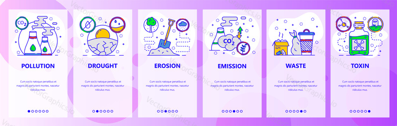 Mobile app onboarding screens. Earth pollution, global warming and climate change, gas emission, waste. Menu vector banner template for website and mobile development. Web site design flat illustration.