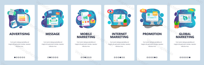 Mobile app onboarding screens. Digital internet marketing, advertising, mobile marketing. Menu vector banner template for website and mobile development. Web site design flat illustration.