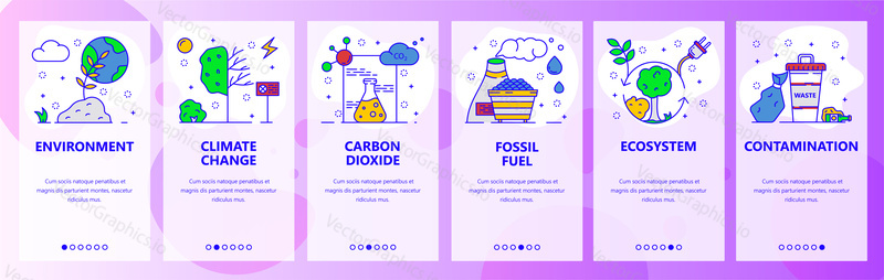 Mobile app onboarding screens. Environment problems, global warming, climate change, ecology. Menu vector banner template for website and mobile development. Web site design flat illustration.