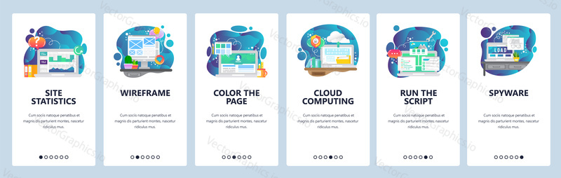 Mobile app onboarding screens. Online cloud services, website wireframe and development, cloud computing. Menu vector banner template for website and mobile development. Web site design flat illustration.