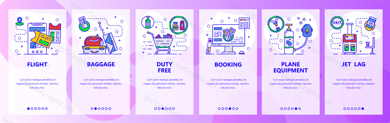 Mobile app onboarding screens. Travel by plane, booking flight tickets, baggage and duty free store. Menu vector banner template for website and mobile development. Web site design flat illustration.