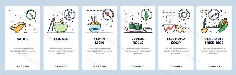 Mobile app onboarding screens. Asian and thai cuisine, cognee, spring rolls, fried rice. Menu vector banner template for website and mobile development. Web site design flat illustration.