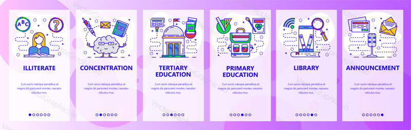 Mobile app onboarding screens. Education system, digital library in phone, illiterate. Menu vector banner template for website and mobile development. Web site design flat illustration.
