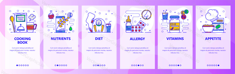 Mobile app onboarding screens. Food and healthy diet. food allergy. Menu vector banner template for website and mobile development. Web site design flat illustration.