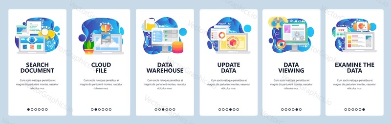 Mobile app onboarding screens. Data science technology, cloud storage, update, search. Menu vector banner template for website and mobile development. Web site design flat illustration.