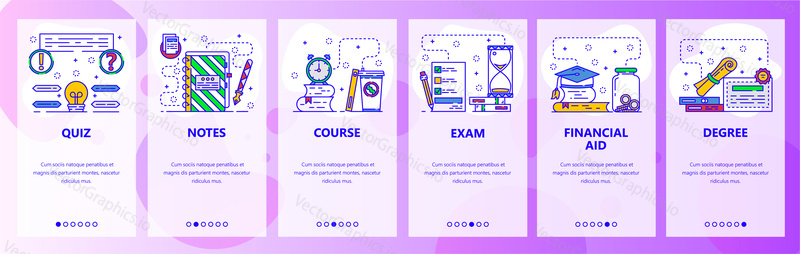 Mobile app onboarding screens. Education, college degree certificate, financial aid for study. Menu vector banner template for website and mobile development. Web site design flat illustration.