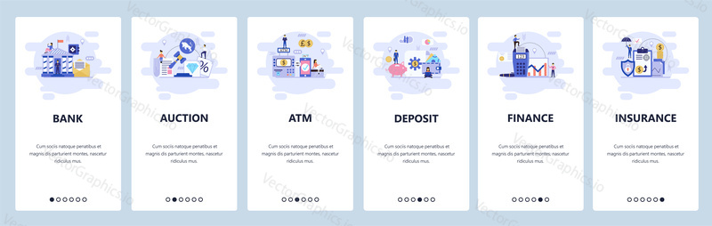 Mobile app onboarding screens. Banking and financial services, auction, atm, deposit saving account, insurance. Menu vector banner template for website and mobile development. Web site design flat illustration.
