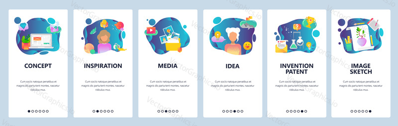 Mobile app onboarding screens. Creative idea, imagination and inspiration, art and science. Menu vector banner template for website and mobile development. Web site design flat illustration.
