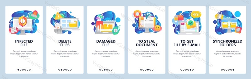 Mobile app onboarding screens. Cyber security technology, sync computer files, business documents, delete, email. Menu vector banner template for website and mobile development. Web site design flat illustration