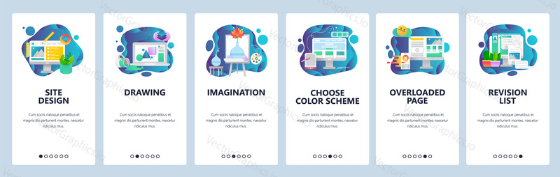 Mobile app onboarding screens. Art, design and creative imagination. Painting. wireframe, news feed. Menu vector banner template for website and mobile development. Web site design flat illustration