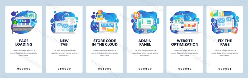 Mobile app onboarding screens. Cloud storage service, page loading, web development and optimization. Menu vector banner template for website and mobile development. Site design flat illustration.