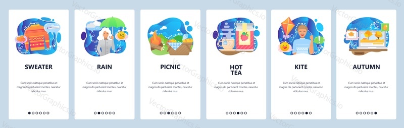 Mobile app onboarding screens. Weather forecast, autumn rain, woman with umbrella, hot tea and outdoor picnic. Menu vector banner template for website and mobile development. Web site design flat illustration