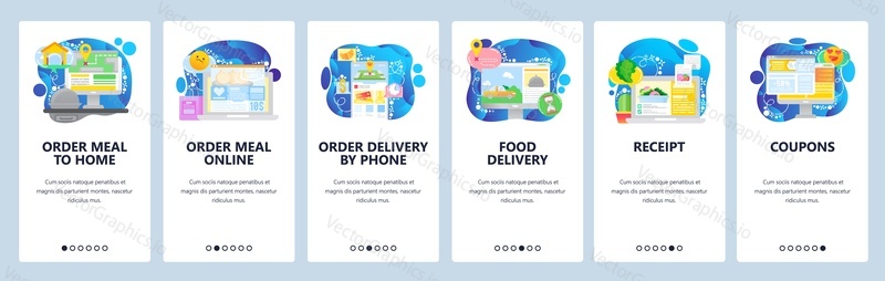 Mobile app onboarding screens. Food delivery service, order meal online, phone navigation. Menu vector banner template for website and mobile development. Web site design flat illustration.