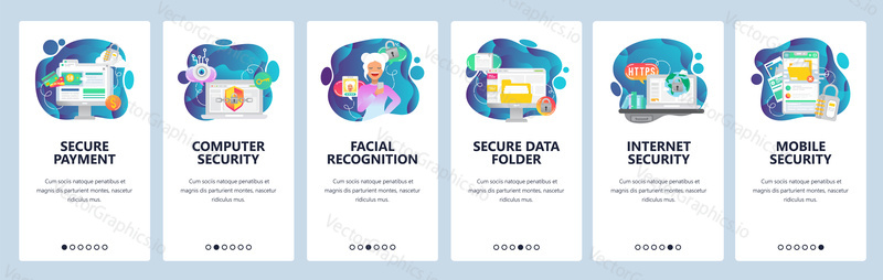 Mobile app onboarding screens. Internet security, data secure access and online payment, facial recognition. Menu vector banner template for website and mobile development. Web site design flat illustration.