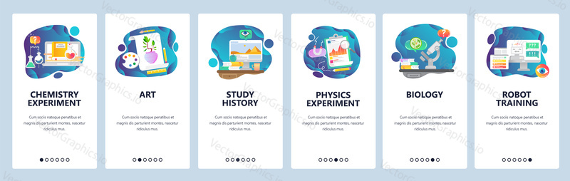 Mobile app onboarding screens. School education subjects, chemistry, physics, history, art, biology. Menu vector banner template for website and mobile development. Web site design flat illustration