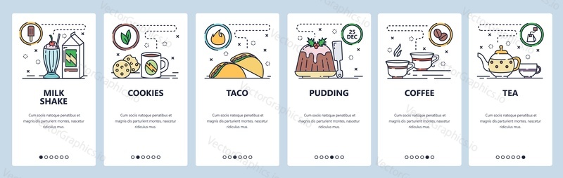 Mobile app onboarding screens. Breakfast meal, milk shake, pudding, coffee and hot tea pot. Menu vector banner template for website and mobile development. Web site design flat illustration.