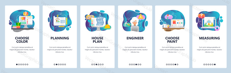 Mobile app onboarding screens. House plan, wall color painting, engineer, measures, building construction. Menu vector banner template for website and mobile development. Web site design flat illustration.