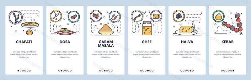 Mobile app onboarding screens. Indian cuisine, chapati, food, masala, ghee, kebab. Menu vector banner template for website and mobile development. Web site design flat illustration.