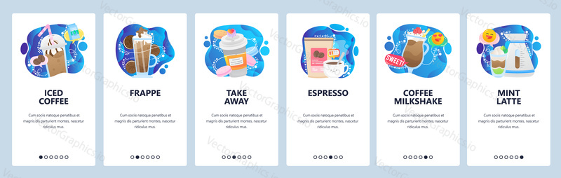 Mobile app onboarding screens. Coffee drinks, espresso, frappe, cup of coffee take away. Menu vector banner template for website and mobile development. Web site design flat illustration.