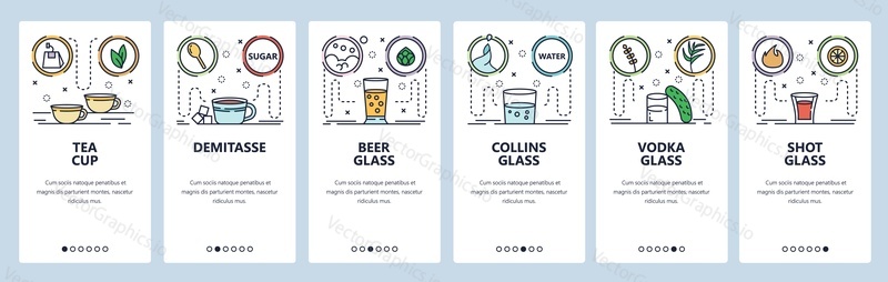Mobile app onboarding screens. Alcohol glasses and cups. Menu vector banner template for website and mobile development. Web site design flat illustration.