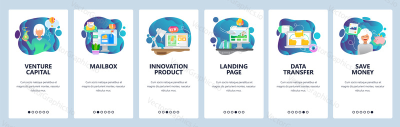 Mobile app onboarding screens. Female venture capitalist, investment, startup, email inbox, data sync and landing page. Menu vector banner template for website and mobile development. Web site design flat illustration.