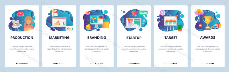 Mobile app onboarding screens. Marketing, branding, video production, startup. Menu vector banner template for website and mobile development. Web site design flat illustration.